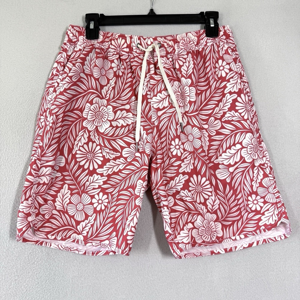 Fair Harbor Swim Trunks Men Medium Anchor Red Hawaiian Floral Lined Board Shorts